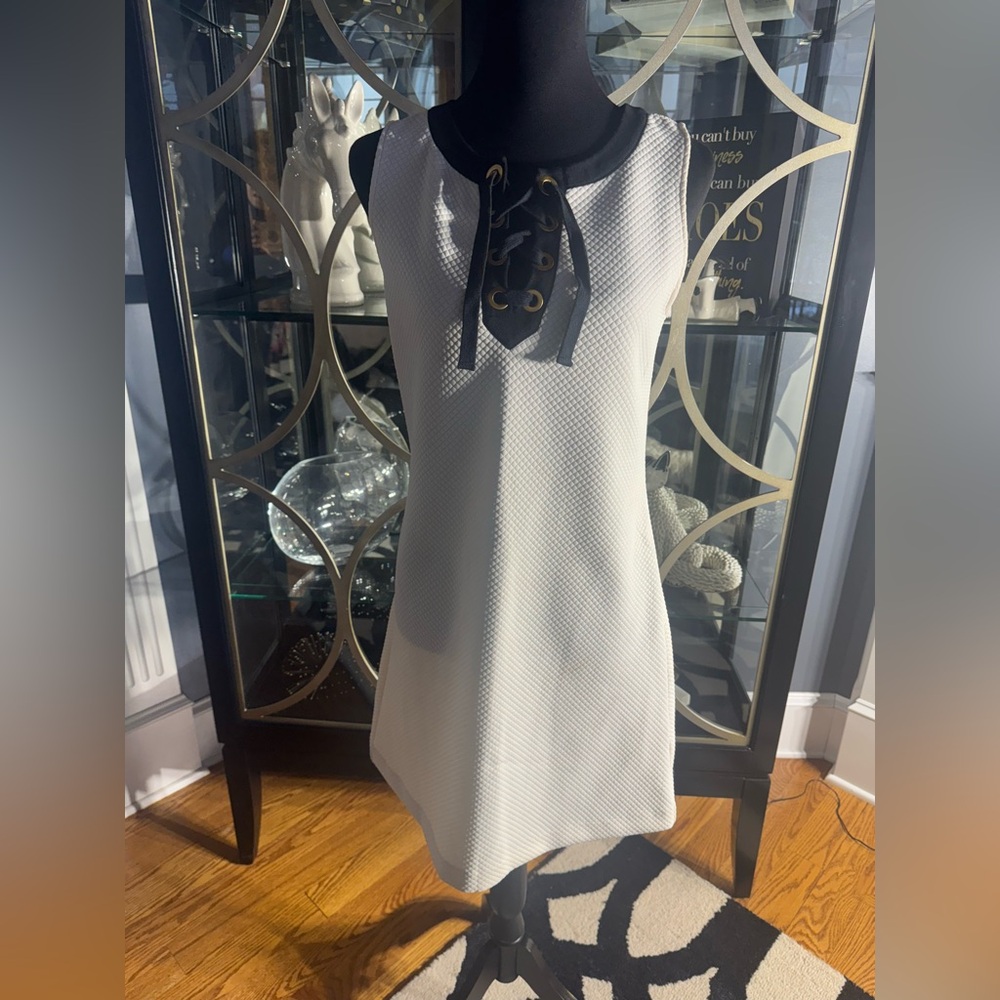 Kensie Ivory with Black Lace Up at Neck and Gold Hardware S